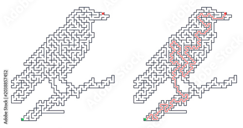 Maze design featuring a bird silhouette with solved path illustration  