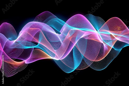 Colorful wave patterns move and change in four frames over a black background