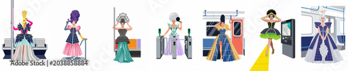 Konstfotografi A panoramic illustration of diverse drag queens in elaborate, avant-garde outfits posing in various subway and public transportation settings