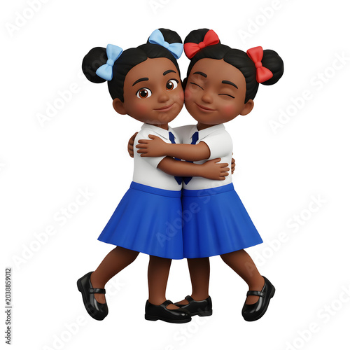 Two young Black girls in school uniforms hugging