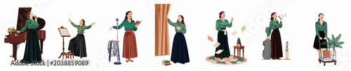 Photos Flat Illustration Set of a Female Musician and Opera Singer in Various Performan