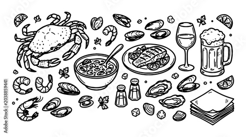 Photos Seafood icons, seafood illustrations, black and white, vector, 30 seafood elemen