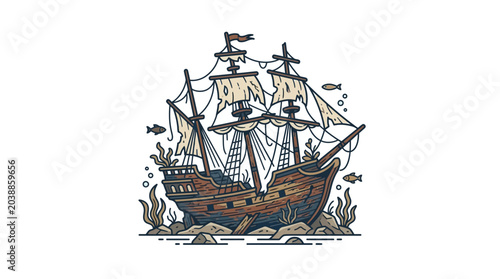 Cuadro en lienzo Old wooden pirate ship wreck resting on the seabed illustration.