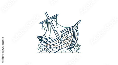 Canvas Print Old Wooden Shipwreck Illustration on White Background.