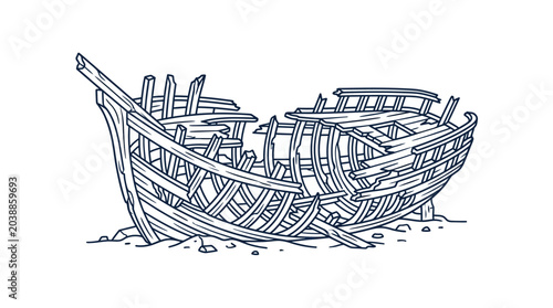 Foto Old wooden shipwreck on sandy beach illustration.