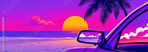 Neon Sunset Beach View From Car