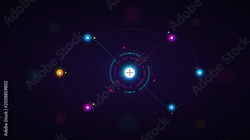 Dynamic Science Animation of Glowing Atom with Orbiting Electrons and Energy.