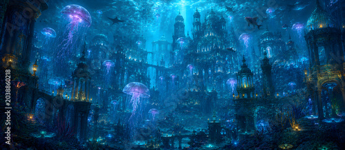 Lost City of Atlantis: A breathtaking underwater metropolis, illuminated by ethereal bioluminescence and populated by majestic jellyfish, evokes a sense of ancient mystery and fantasy.