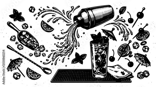 Bild auf Leinwand Cocktail, bar, vector icons, black and white,  illustration, drink, mixology, sh
