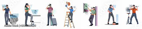 Konstfotografi Collection of female engineers using augmented reality and virtual reality technology for industrial maintenance, mechanical design, and advanced engineering tasks