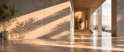 Modern Architecture with Golden Hour Light: Sunbeams cast dramatic shadows across the polished floor and minimalist concrete walls of a contemporary building.
