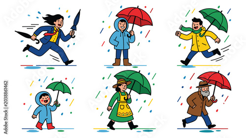 Schilderij op canvas Collection of people with colorful umbrellas walking and running during rainy weather day