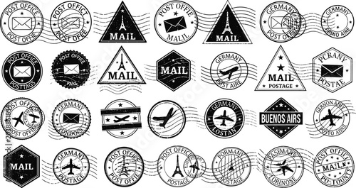Canvastavla Vintage Postmark and Postage Stamp Ink Collection with Mail Envelope Airplane an