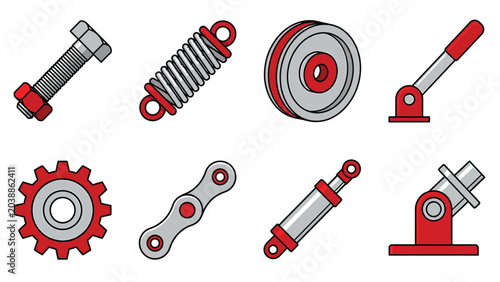 Set of mechanical parts vector illustrations including a bolt, spring, pulley, lever, gear, chain, hydraulic cylinder, and joint.