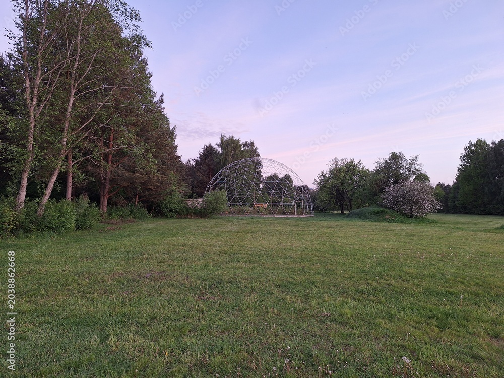 Fototapeta premium Dome structure stands in an open field surrounded by trees during twilight