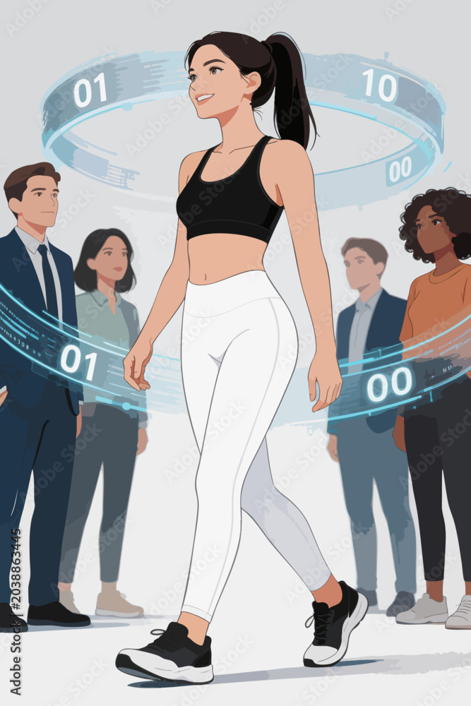 Fototapeta premium Fitness Woman Walking with Digital Hologram and Business Crowd