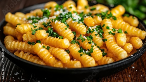 Close up of golden cheddar fries artfully arranged on a plate