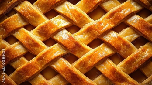 Close up of a deep golden lattice pie crust showing detail