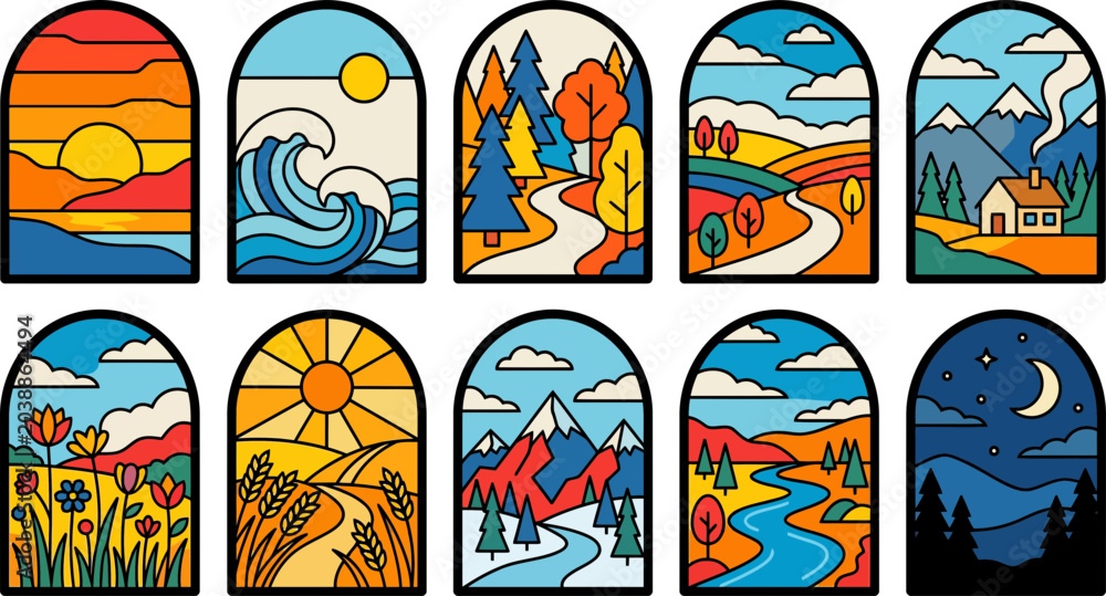 Obraz premium Collection of ten colorful vector landscape illustrations featuring various natural scenes like mountains forests oceans and night skies in arches