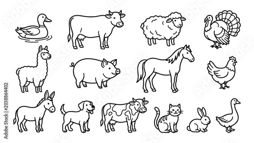 Bild auf Leinwand Set of cute farm animals collection including cow sheep horse chicken duck and rabbit lines