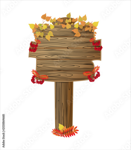 Rustic wooden signboard decorated with colorful autumn leaves
