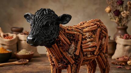 A creative sculpture of a cow made from cinnamon sticks and spices on a wooden table with a rustic background