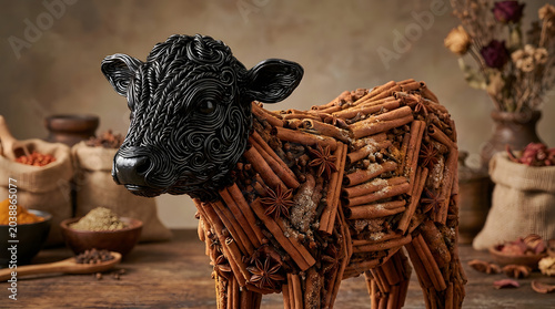 A creative sculpture of a cow made from cinnamon sticks and spices on a wooden table with a rustic background