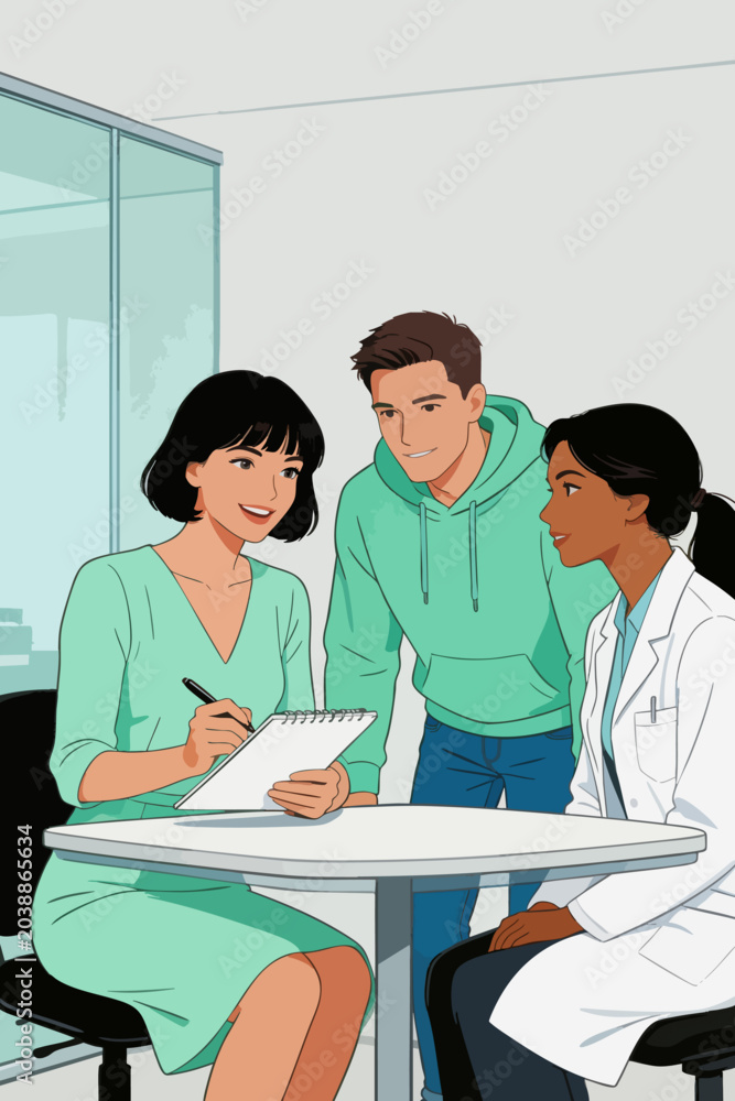 Fototapeta premium Medical consultation between couple and female doctor in clinic