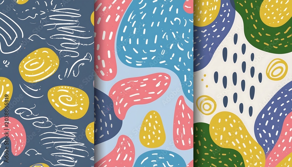 Set of three seamless patterns with colorful abstract hand drawn shapes.