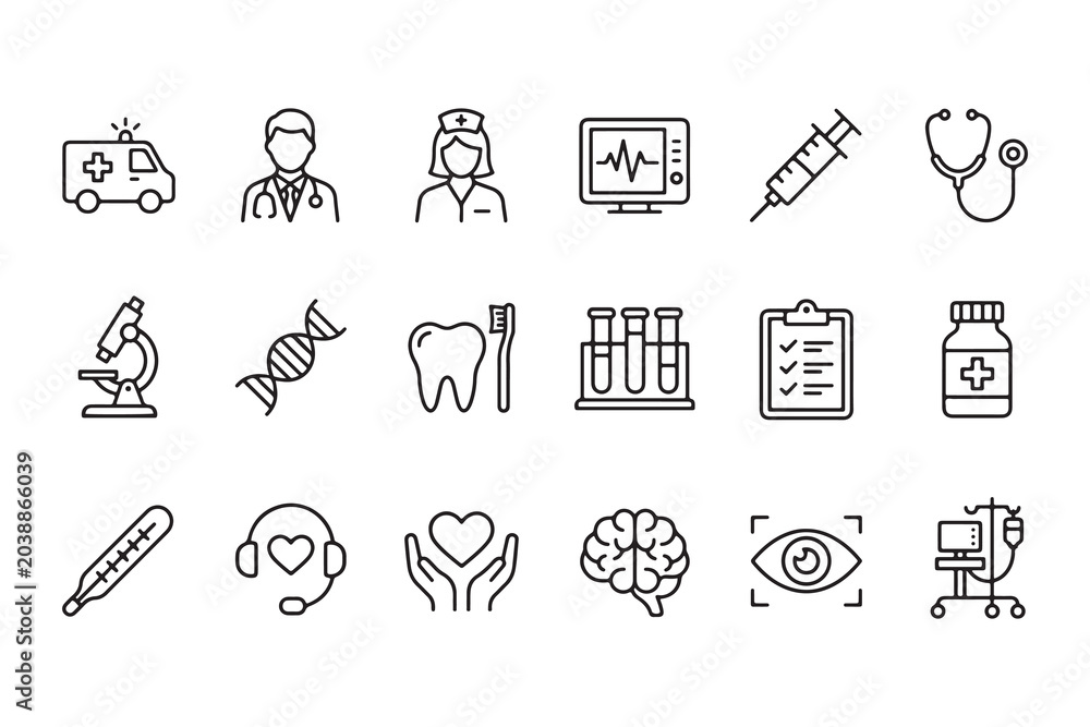 Fototapeta premium Medical and healthcare icons set with various health symbols and objects health care