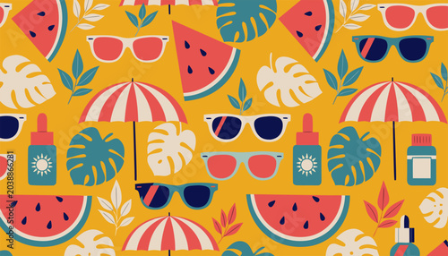 Tropical Beach Elements Vector Background with Monstera Leaves and Sunscreen Bottles.eps