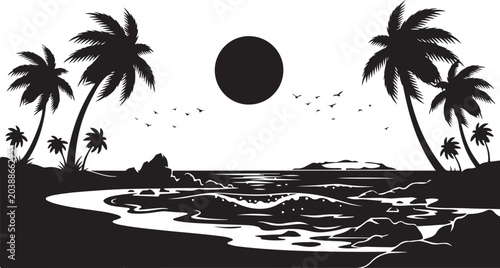 Tableau sur toile Full moon shining over a calm tropical beach with silhouetted palm trees night s