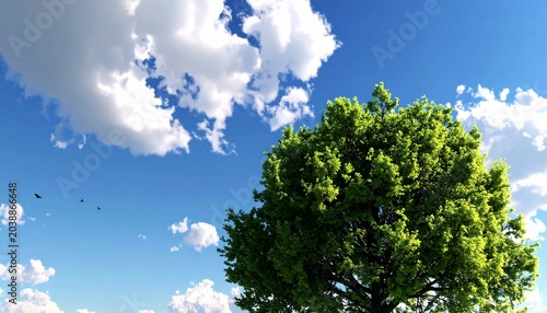 Lush Green Tree Under a Bright Blue Sky with Puffy Clouds.