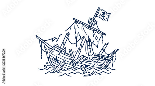 Foto Old pirate ship wreck in the sea illustration.