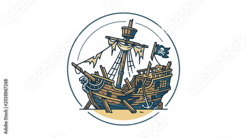 Konstfotografi Old Wooden Pirate Ship Illustration in a Circle.
