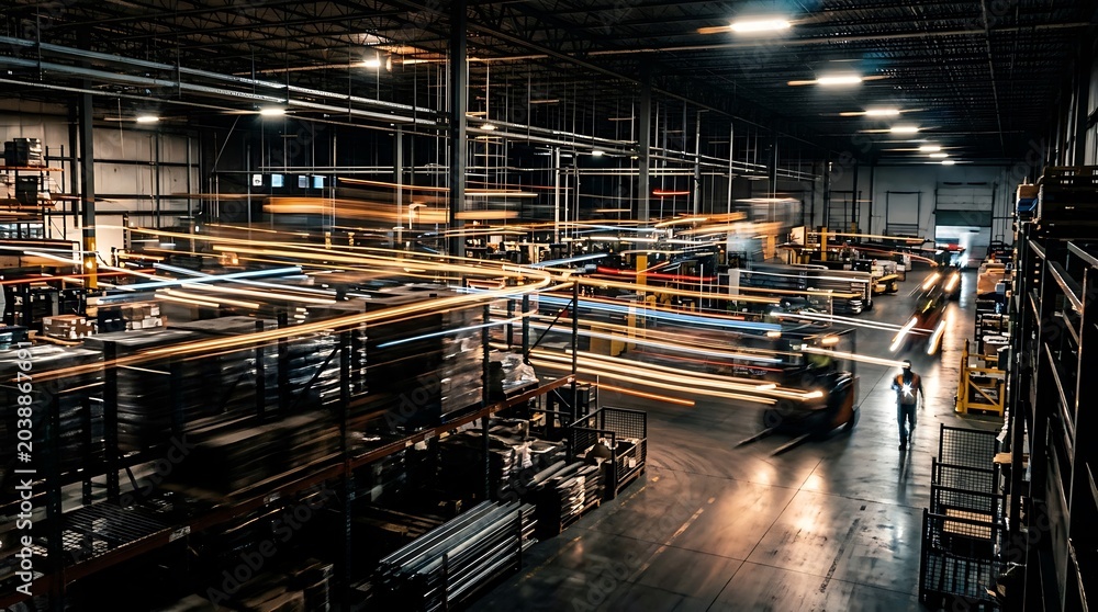 Fototapeta premium Industrial warehouse interior showing light trails of moving forklifts during night shift logistics operations with worker walking