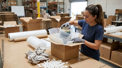 Female worker packing a ceramic vase into a cardboard box in warehouse