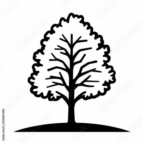 Black silhouette of a leafless tree with intricate branch design on greenery