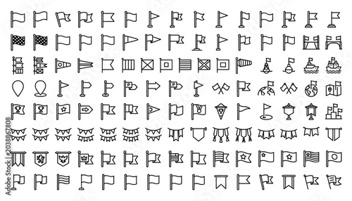 Comprehensive Flag and Maritime Line Icon Set featuring Navigation Pins Racing Checkered Banners Party Bunting and Nautical Achievement Symbols for Web Media