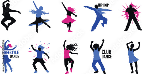 Vászonkép Dance Silhouette Vector Set with Hip Hop Freestyle and Club Dance Icons