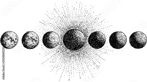 Row of planetary spheres orbiting radiant central sun on white background