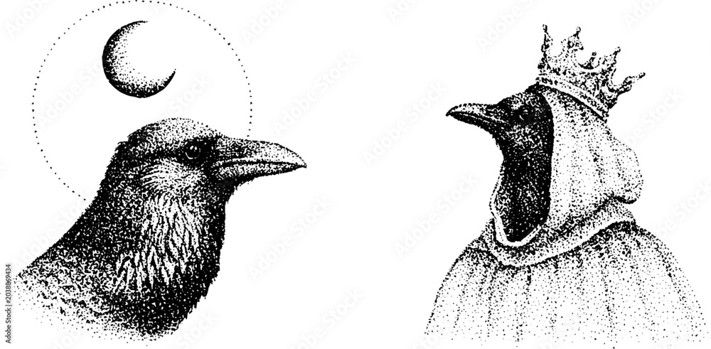 Obraz premium Two crows facing each other with crowned hooded figure on white background