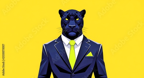 Stylish Black Panther in Business Suit on Bold Yellow Background