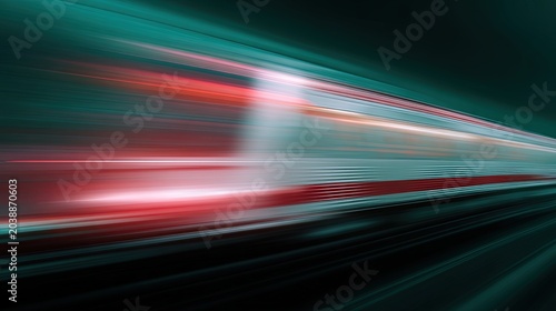 Blurred motion of a moving train, in the style of industrial design, with flat colors of teal and red. 