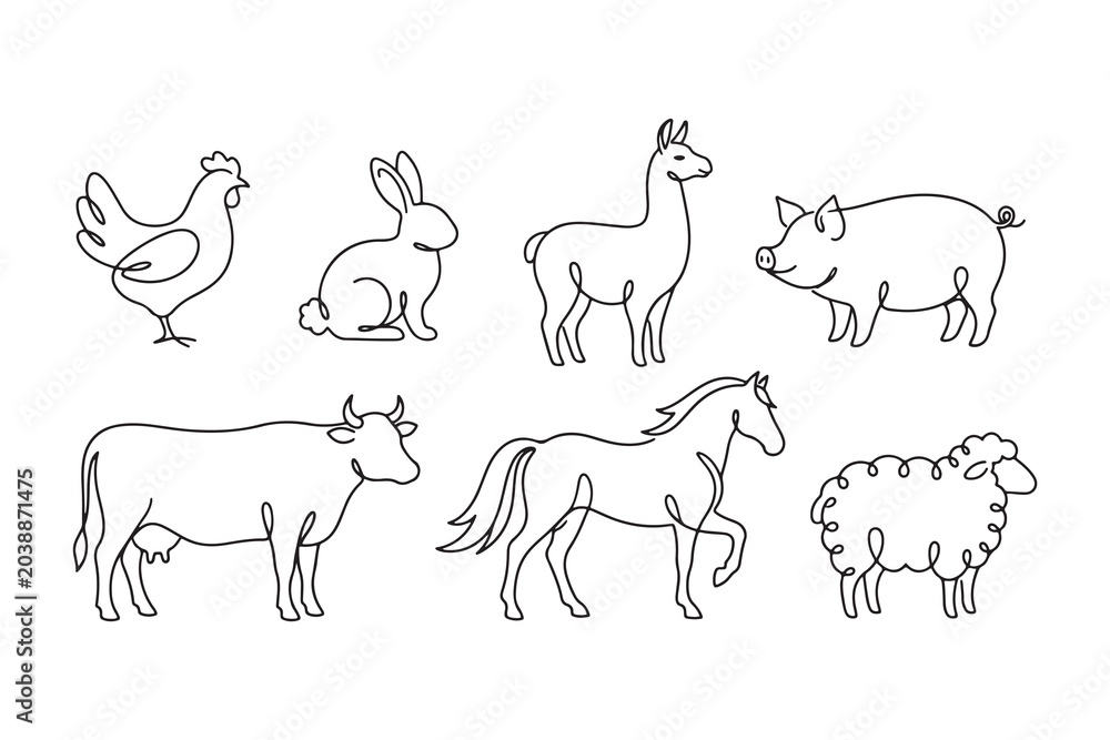 Fototapeta premium Seven farm animals in minimalist line art style illustration on white background