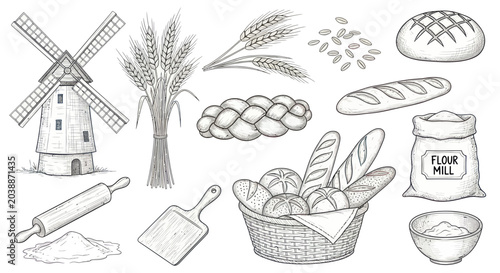 Cuadro en lienzo Baking Elements: Mill, Wheat, Bread, Flour Bag, Rolling Pin, Basket