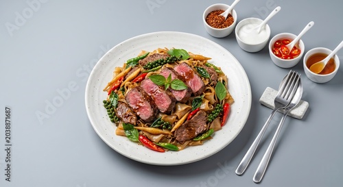 Generated ai set photos Spicy Stir Fried Flat Noodles with Juicy Ribeye Steak