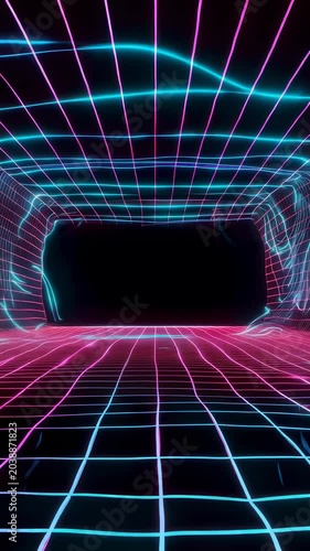 Neon grid tunnel moving forward in dark space. Abstract digital loop animation with blue and pink glowing lines. Cyberpunk style journey through portal concept. Vertical video