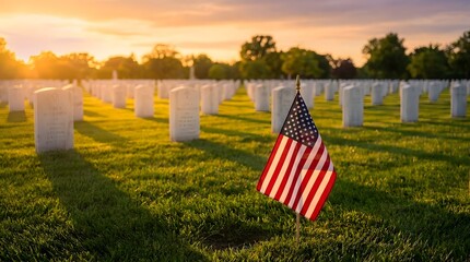 American Flags in Military Cemetery at Sunset
