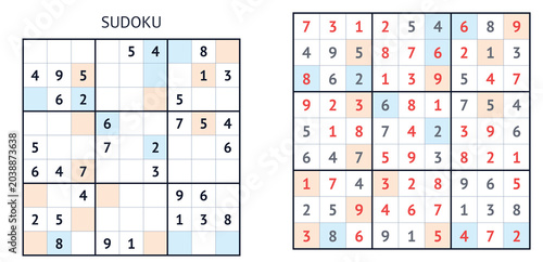 Canvas Print Sudoku puzzle grid with colored numbers and hints for gameplay